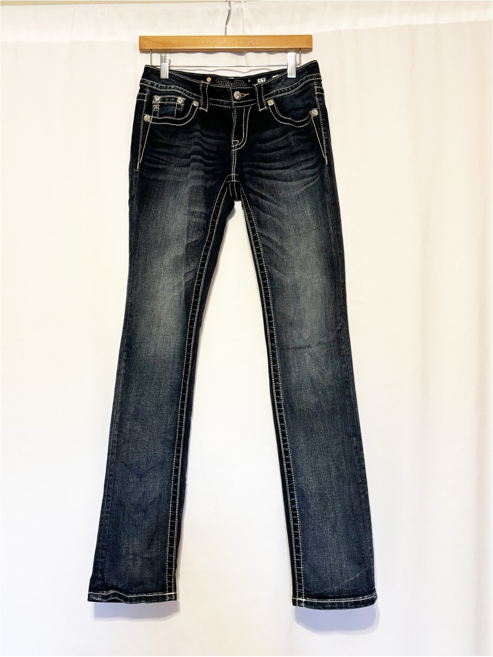 Miss Me Signature Straight Jeans Rhinestones Crosses Flap Pockets Low Rise 27 - Picture 2 of 11